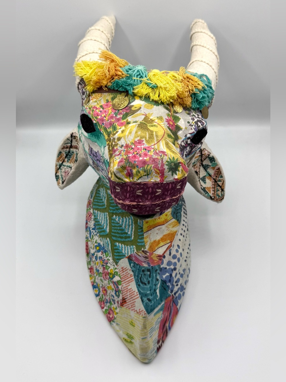 Handmade Patchwork Bull/Steer Head Wall Mount Fabric Sculpture Boho Folk Art